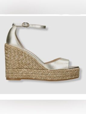 Stuart Weitzman Metallic Gold Nudist Curve Espadrille Wedges with Ankle Strap